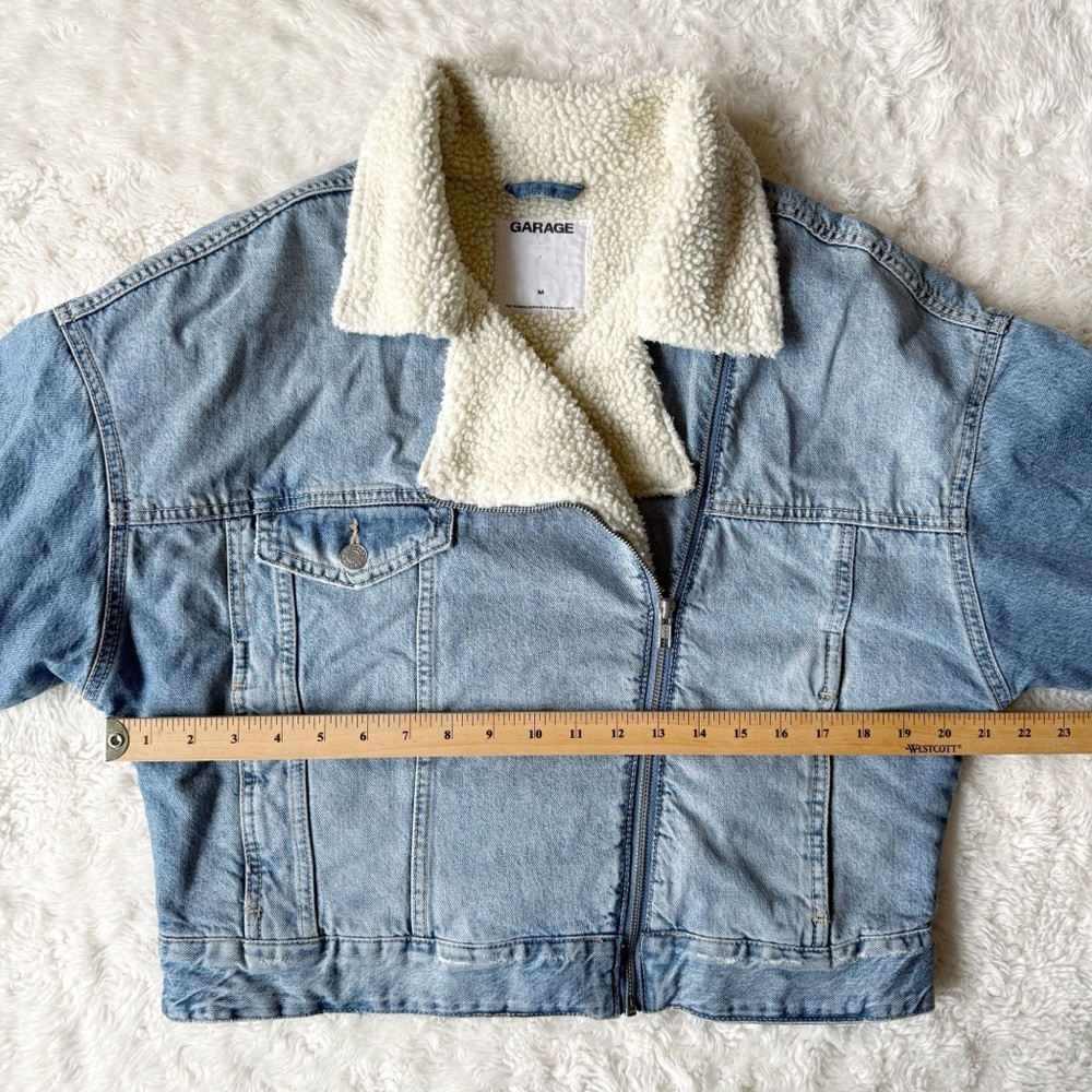 Garage Woman Blue Denim Sherpa Aviator Crop Jean Jacket MEDIUM Boho Country Folk - Picture 8 of 9